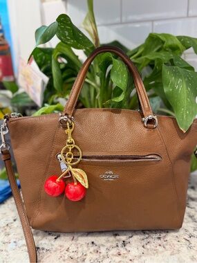 COACH Brown Leather Shoulder Satchel with Cherry Charm